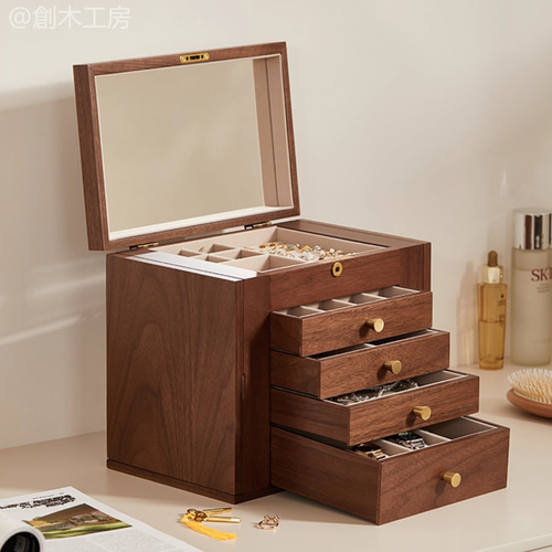 大容量・多層引き出し収納 木製アクセサリーボックス 化粧ミラー付き