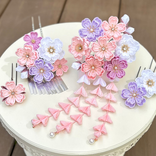 七五三（7歳さん以上向け）桜かんざしセット つまみ細工 ピンク 紫 藤