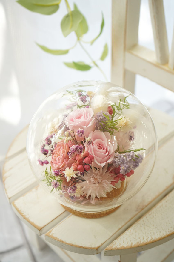 ガラスボールアレンジ ピンク ～プリザーブドフラワーアレンジメント