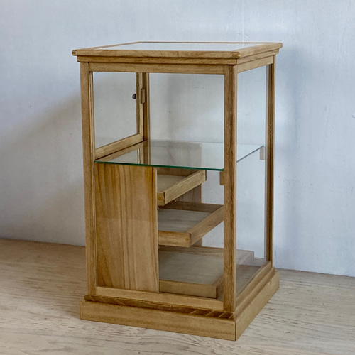 木製ガラスケース 引き出し付き 卓上 ショーケース 小物入れ 棚