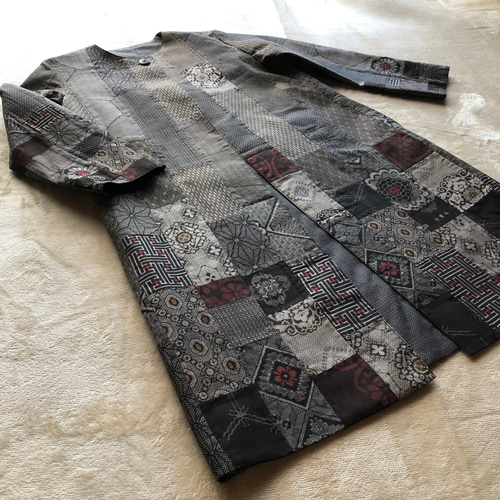 アンティーク大島紬のパッチワークコート 茶赤 リバーシブル 泥大島