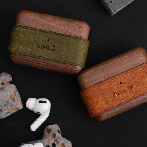 彫刻名入れ無料』ウオルナットウッド木製&本革 AirPods pro1/2/3/4