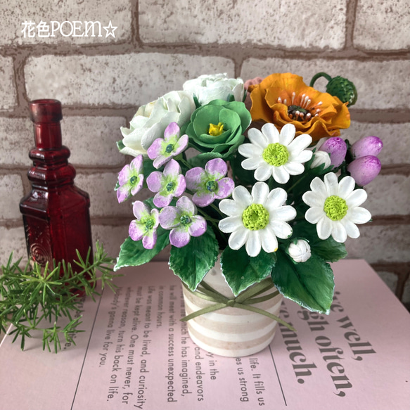 粘土の花〓ポピー＆バラ♡優しい小花たち♪ピンクハートに心を込めて