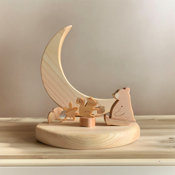 秋限定2025 木製 月飾りオブジェ 11月 秋飾り クマ リス 落ち葉