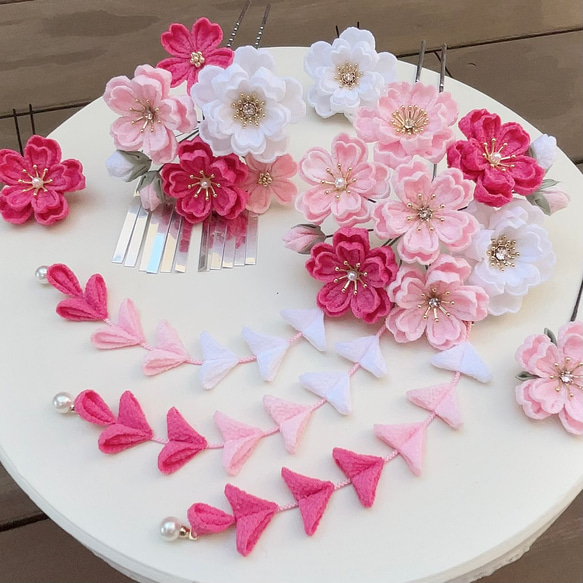 七五三（7歳さん以上向け）桜かんざしセット つまみ細工 ローズピンク