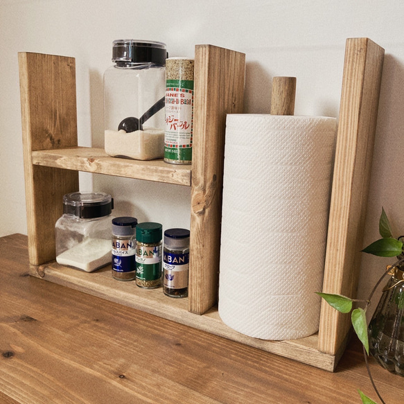 木製2段 スパイスラック キッチンペーパーホルダー 北欧 アンティーク