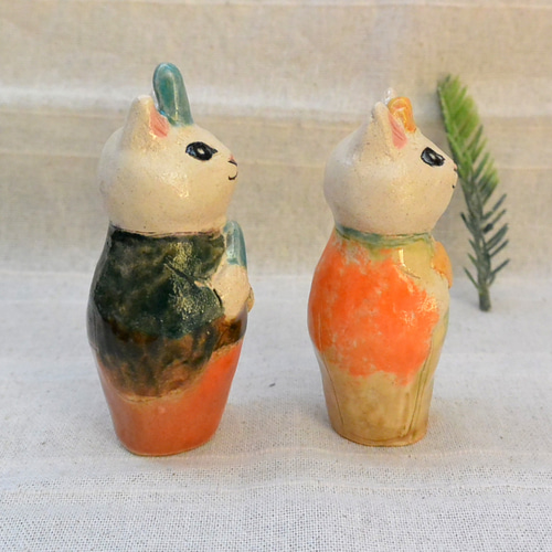 猫のお雛様 ひな人形 こけし型ネコ 白猫 手作り陶器・陶芸 ネコの