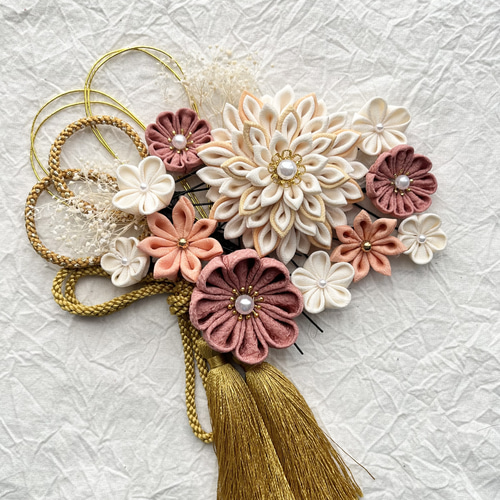 受注制作】104 和装髪飾り サーモンピンク オレンジ 暖色系 アイボリー
