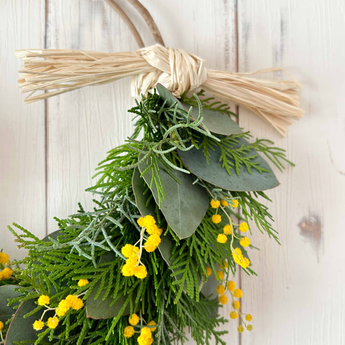 春色パールアカシアミモザのナチュラルリース 北欧インテリアにも