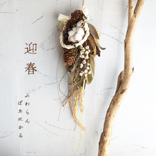 迎春2025 ドイツトウヒ＆コットン 正月飾り(ドライ) しめ縄・しめ飾り