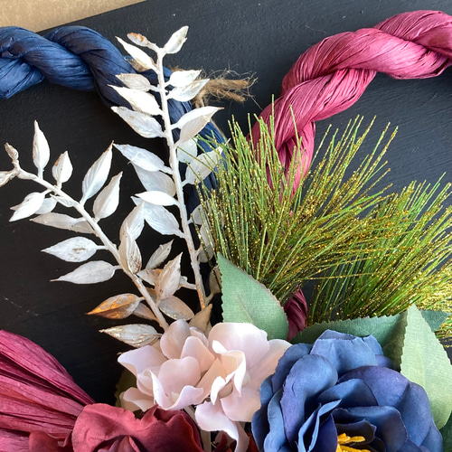 数量限定【お正月】2本取り 大輪ダリアと椿のしめ縄リース rb/nv