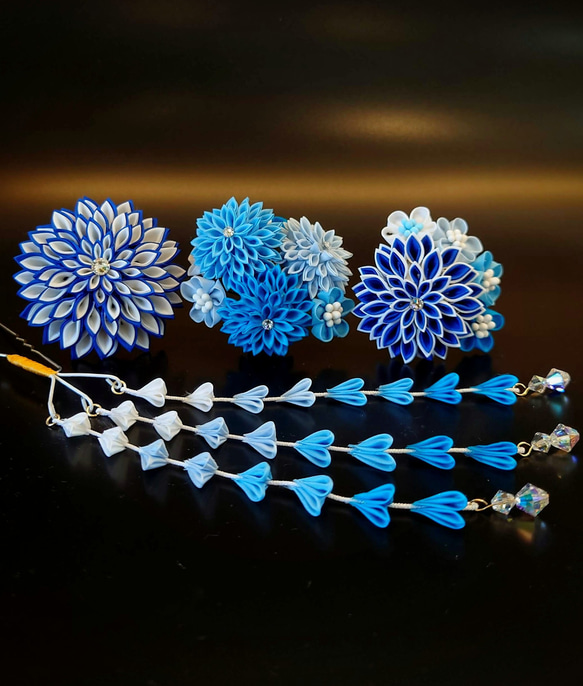七五三、成人式、卒業式『青系髪飾り4点セット』 つまみ細工髪飾り