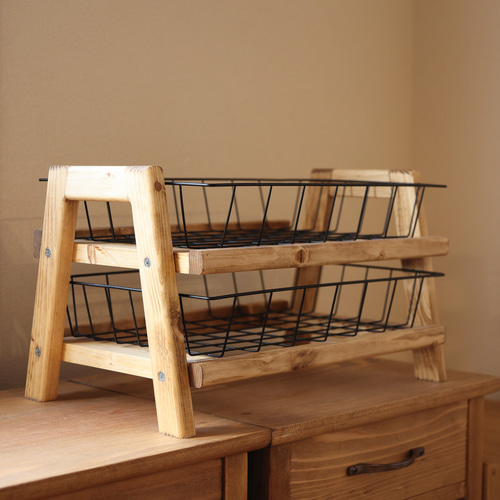 ワイヤーバスケットラック ウッドラック インテリア 書類棚 2段