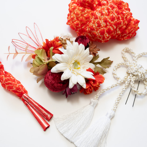 七五三7歳振袖髪飾り赤A】鹿の子（かのこ）ちんころ&水引き/タッセル