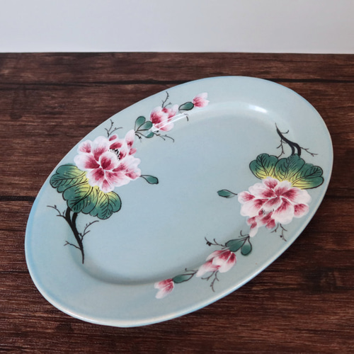 ソンチャン オーバルプレート ブルー ベトナム食器 手描き 花柄 大皿