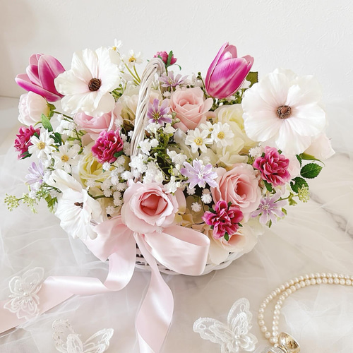 バスケットブーケ ウエディングブーケ＆ブートニア 造花 ピンクブーケ