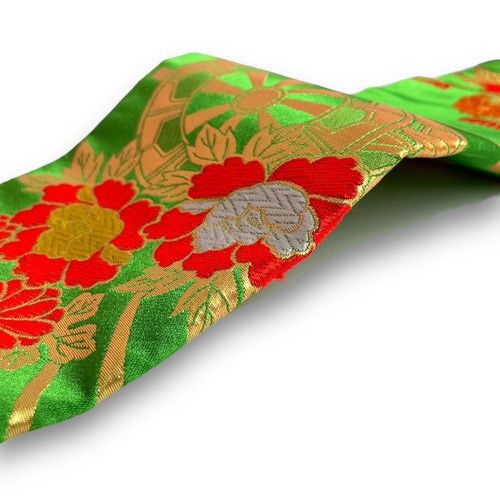 値下げ！【七五三つくり帯】正絹 二部式 7歳用 黄緑 花車 和装小物（帯