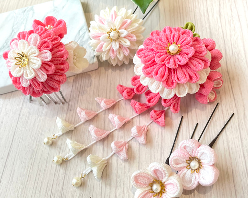 つまみ細工髪飾り ピンク 白 七五三 3歳 7歳 着物髪飾り かんざし