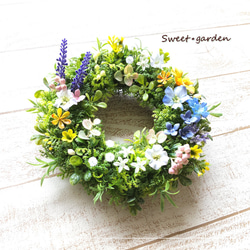 パープルピンクのスイートピーリース＊玄関ドアなど外にも飾れる