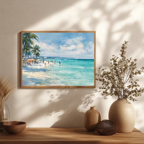 グアムのタモンビーチ 水彩画 インテリアポスター アートパネル