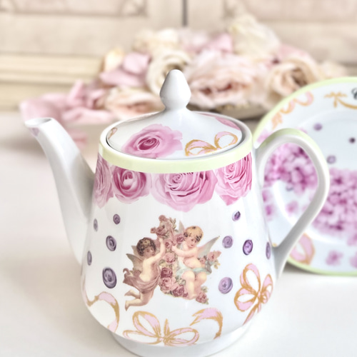 即納】天使♡ローズ♡リボン エレガントなティーポット 陶器/磁器/薔薇