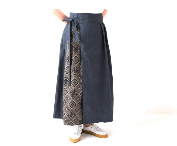 日本／大島紬】アンティーク大島紬の巻スカート パッチワーク 龍郷青