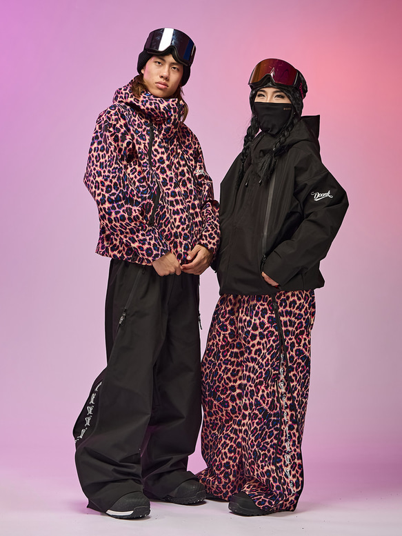 25-26限定 スノボウェア 上下セット ヒョウ柄 黒 撥水 3L メンズ