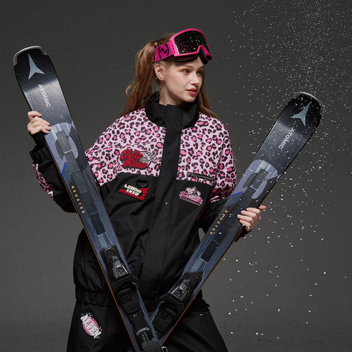 2026 スノボウェア 上下セット ヒョウ柄 ピンク黒 撥水 防寒
