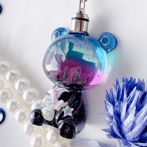 オーロラくまちゃんオルゴナイトキーホルダー(LEDライト付き)-イエロー