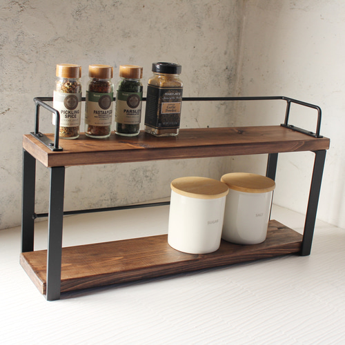 送料無料]アイアン2段木材スパイスラック・調味料棚・落下防止丸鉄 棚