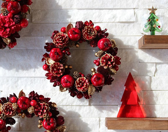 りんご・松ぼっくり・レッド・赤・ゴールド・金・リース (47R27