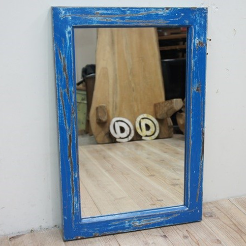 オールドチーク材のミラー 60cm×40cm アンティークブルー 青色 壁掛け