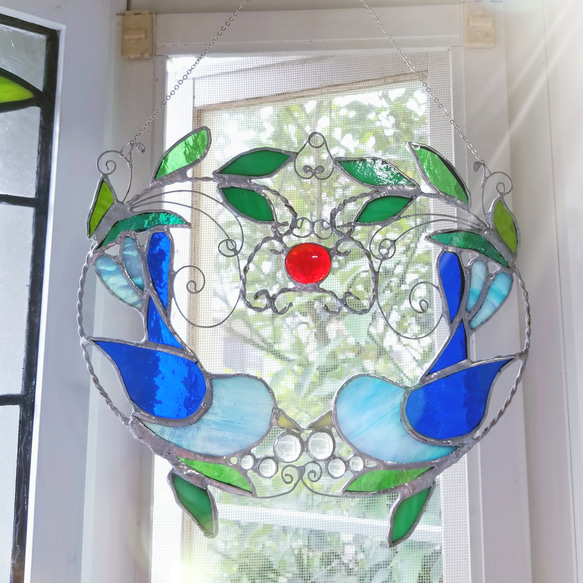 幸運を呼ぶ！平和のシンボル ステンドグラス製ツインバードのサン