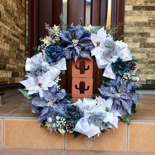 No.xmas-14269/特大クリスマスリース60cm/ブルー・ポインセチア アート
