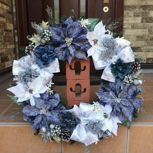 No.xmas-14269/特大クリスマスリース60cm/ブルー・ポインセチア アート