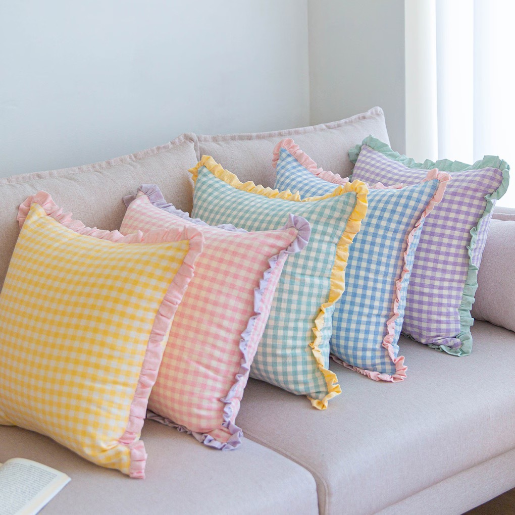 韓国雑貨】クッション チェック フリル かわいい 5色 Msize