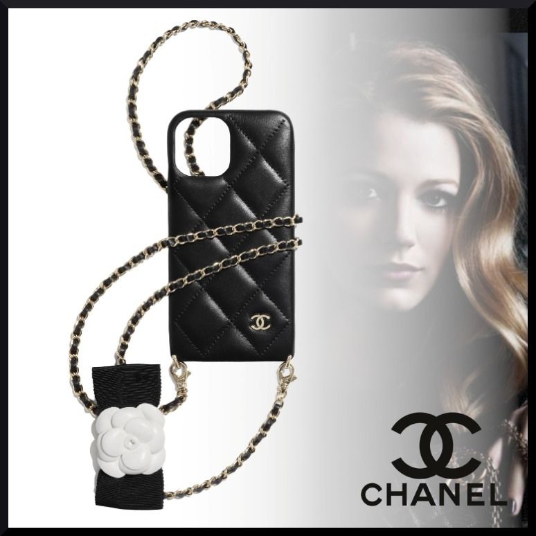 直営店購入【CHANEL】 iPhone12Proケース 黒 カメリア チェーン