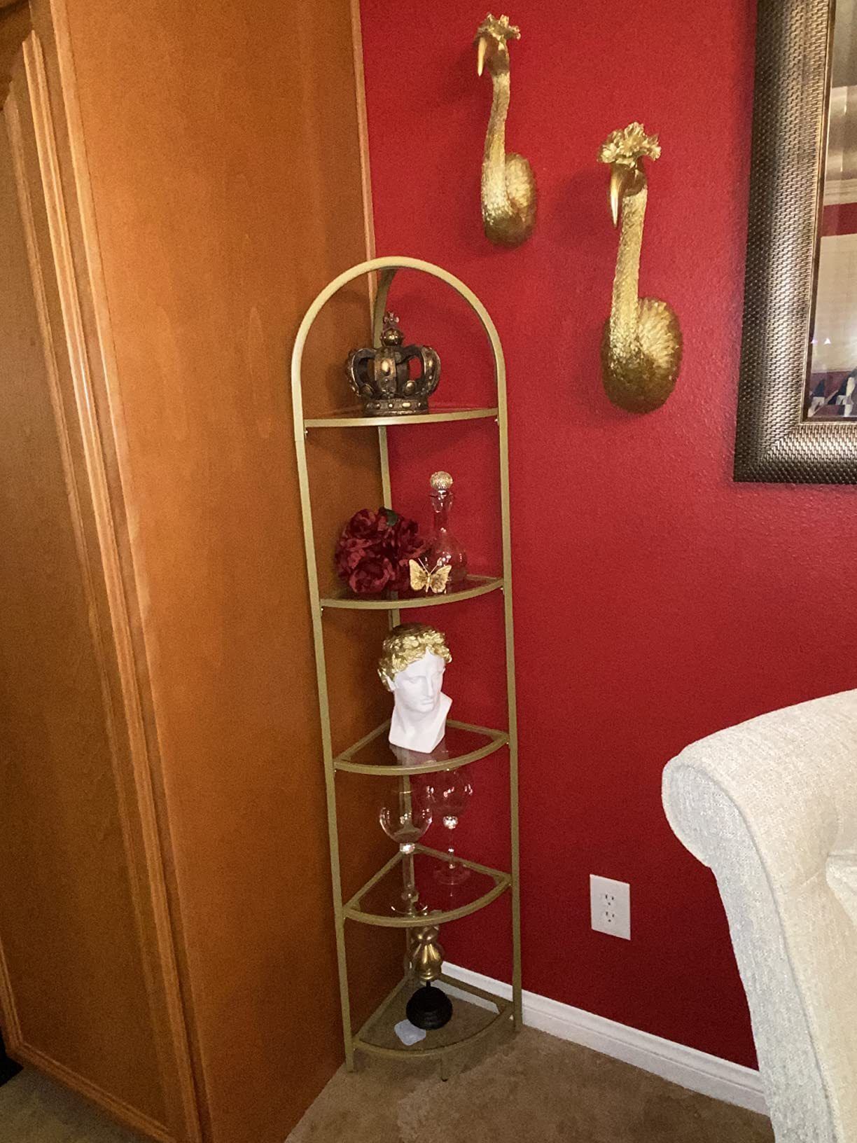 NN204】ゴールドフレームガラストップコーナーシェルフ飾り棚 (棚