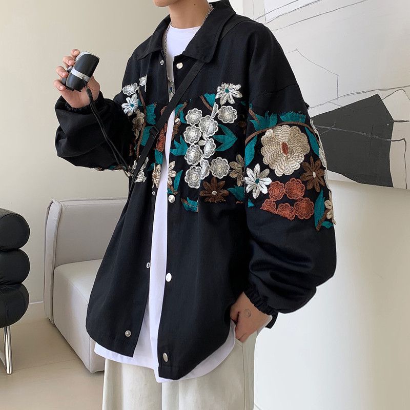 花柄 刺繍 ラペル ジャケット 韓国 レトロ ヴィンテージ風 2色 A