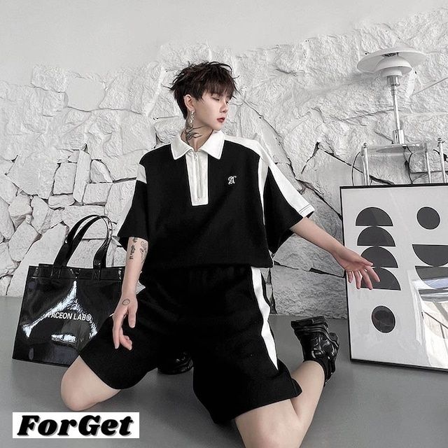 韓国 セットアップ ジャージ風 ハーフジップ ハーフパンツ 半袖