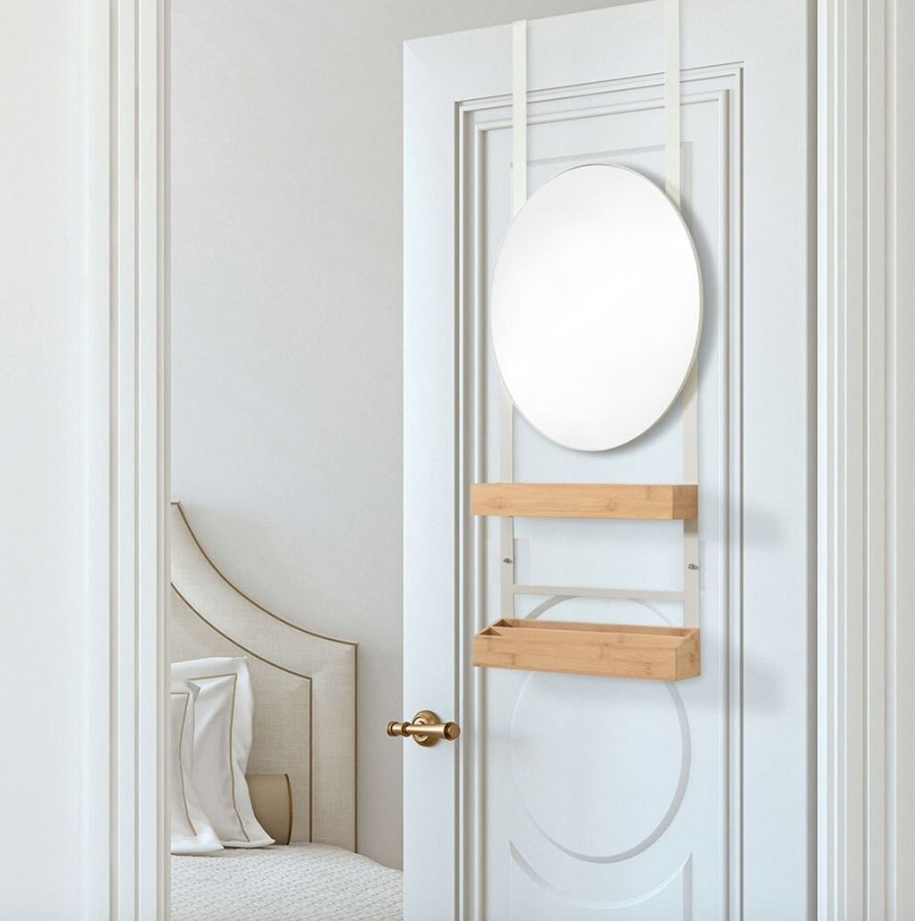 韓国人気】ドア掛けアーチ型化粧品置きミラー ホワイト ピンク (鏡台