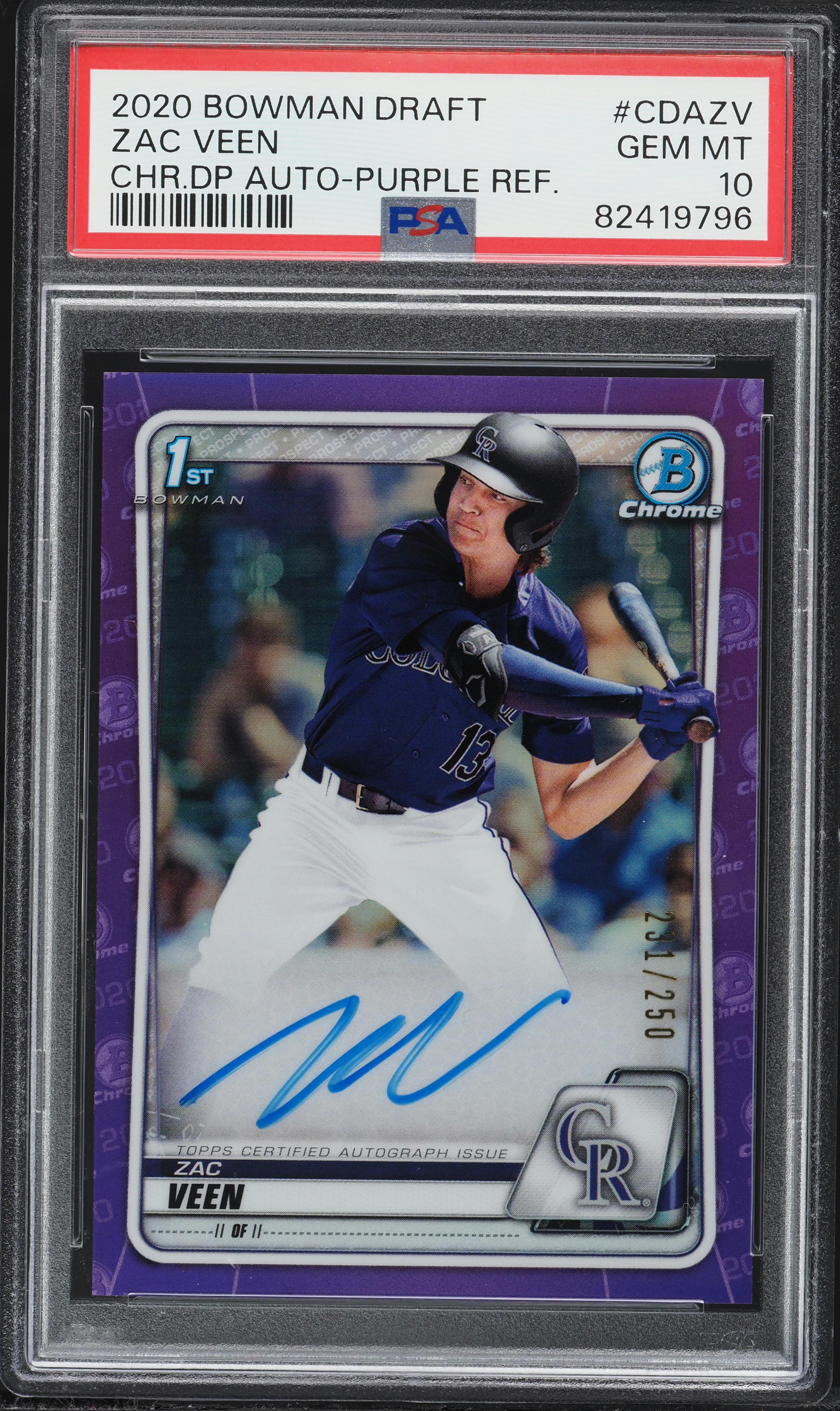 2020 Bowman Chrome Purple Refractor Zac Veen PROSPECT AUTO /250
