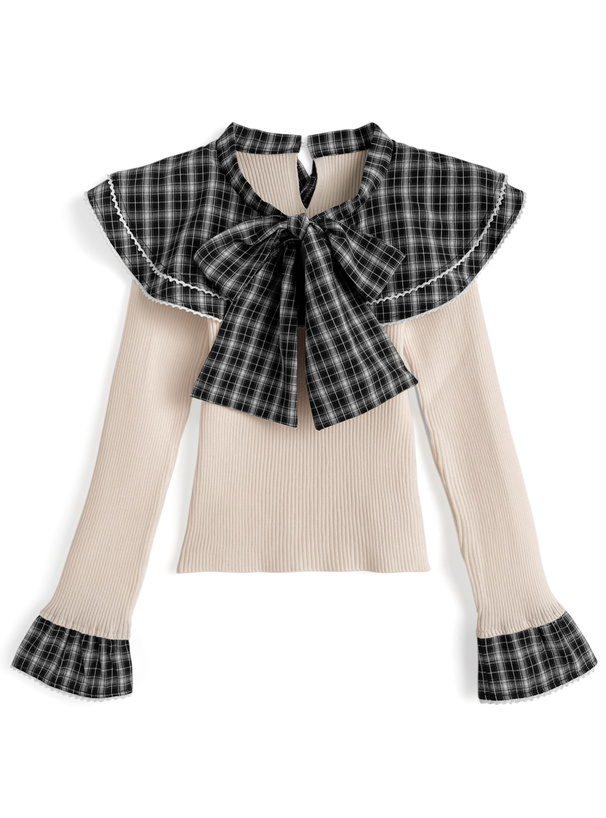 チェック柄フリルリボンカラードッキングニットトップス[tw1244