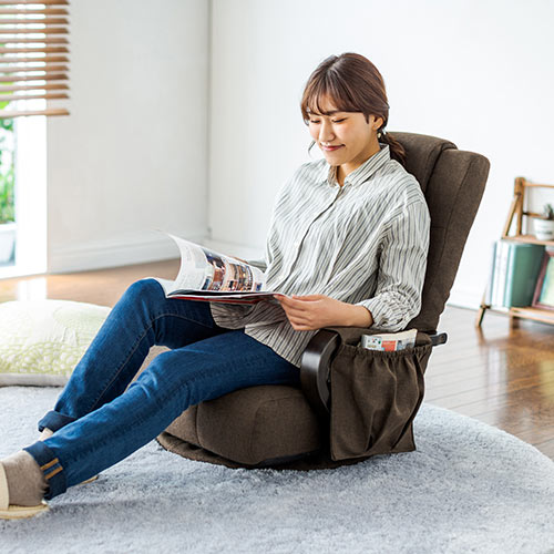 回転座椅子（360度回転・肘掛け・収納ポケット・ハイバック・ブラウン