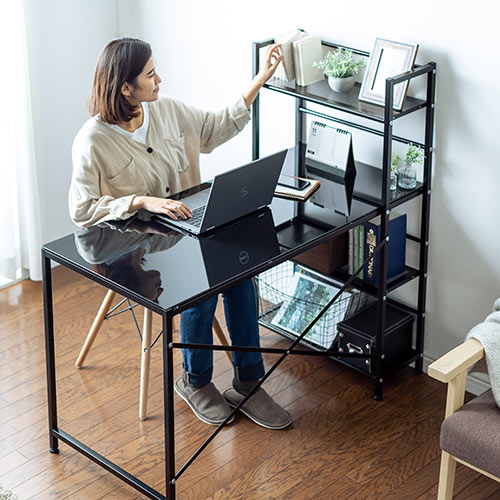 シェルフ付パソコンデスク（ガラス天板・ブラック） EZ1-DESK084BK