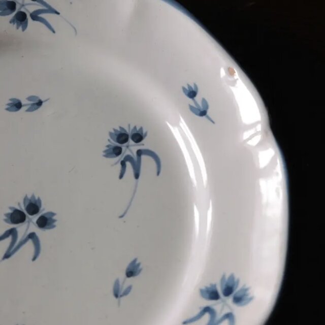 ムスティエ Moustiers 青絵皿 小枝柄 矢車菊 花リム リム皿 平皿 φ22