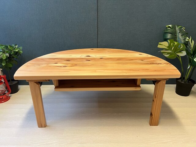 送料無料】 ローテーブル 半円 収納付き90cm 60cm 杉 折り畳み脚