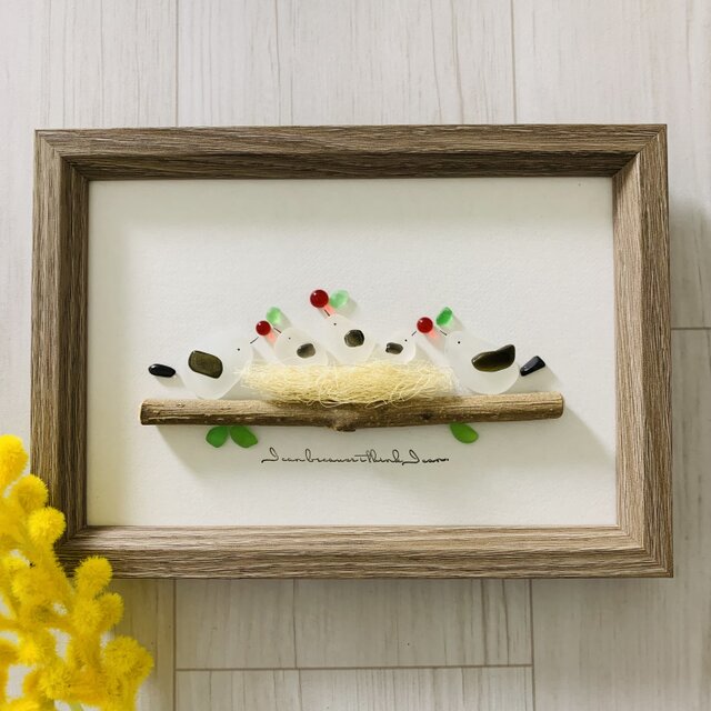 シーグラスアート 海の宝石 シマエナガ 家族 インテリア雑貨 書斎 観葉