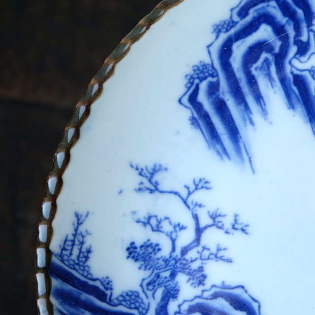 特価¥1800→¥1000】青い山水の絵◇伊万里 印判イゲ皿 中皿 骨董