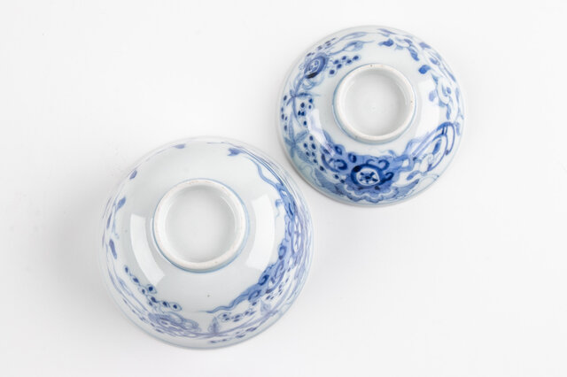 蓋茶碗□古い伊万里花唐草色絵染付 江戸後期 蓋鉢 蓋物 9客 時代物